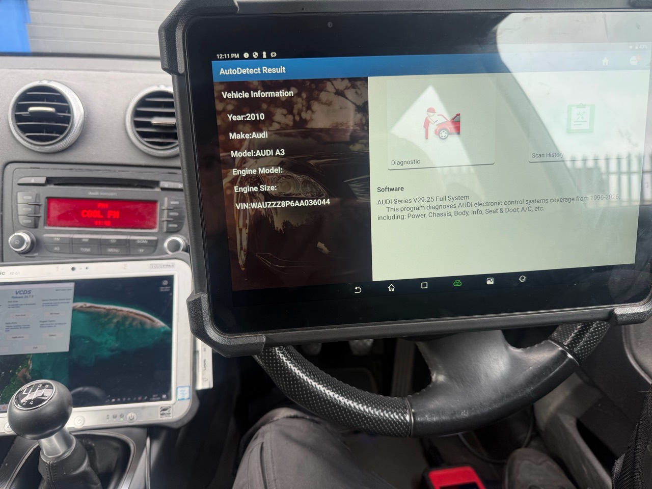 In-car diagnostic tablet showing an Audi A3 auto-detect scan at Prestige Performance Group