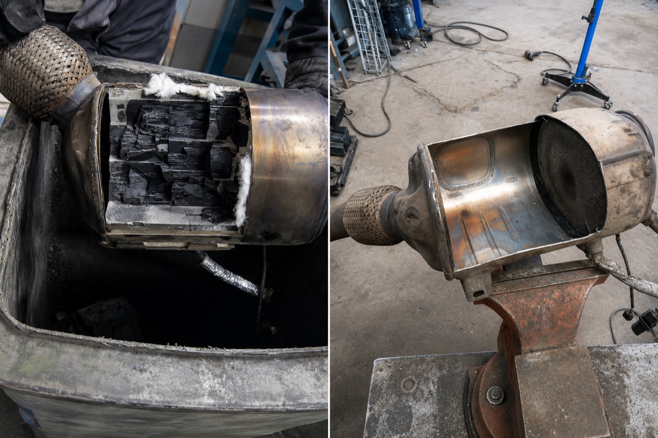Workshop photograph showing an opened DPF housing and visibly broken internal filter material
