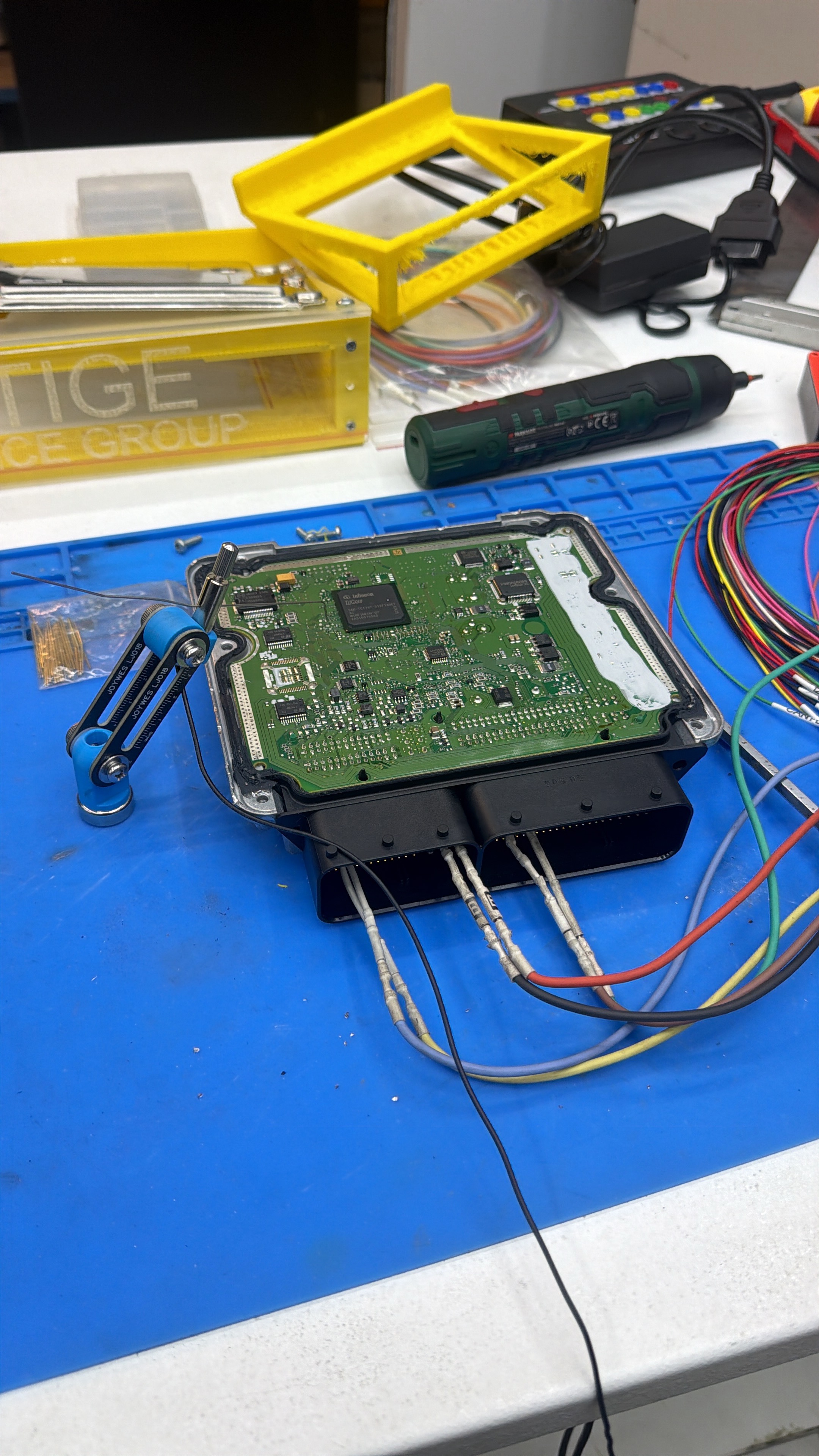 Open ECU prepared for boot-mode remap work at Prestige Performance Group