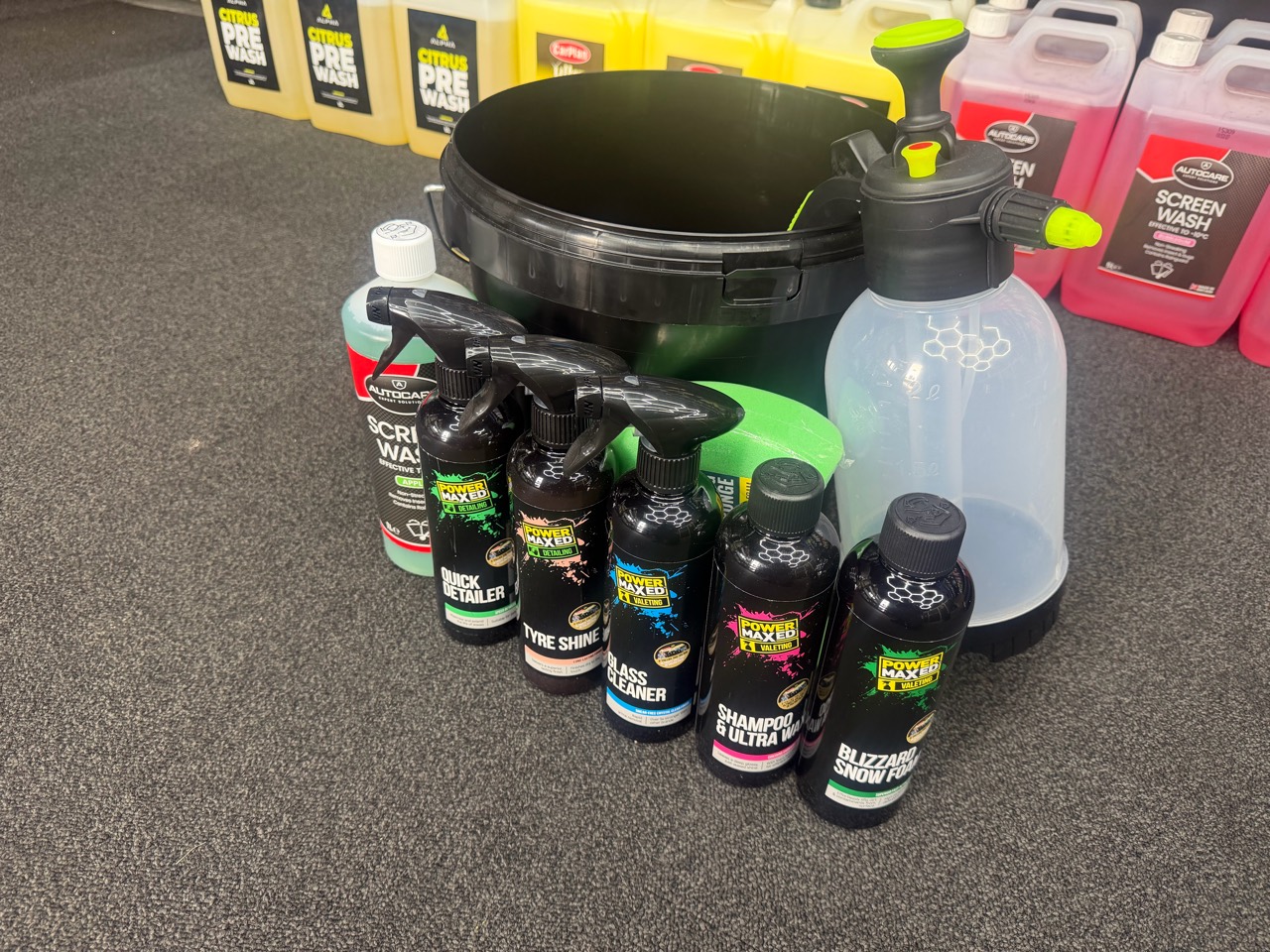 Car care products including detailing sprays, glass cleaner, shampoo, snow foam and accessories available in store