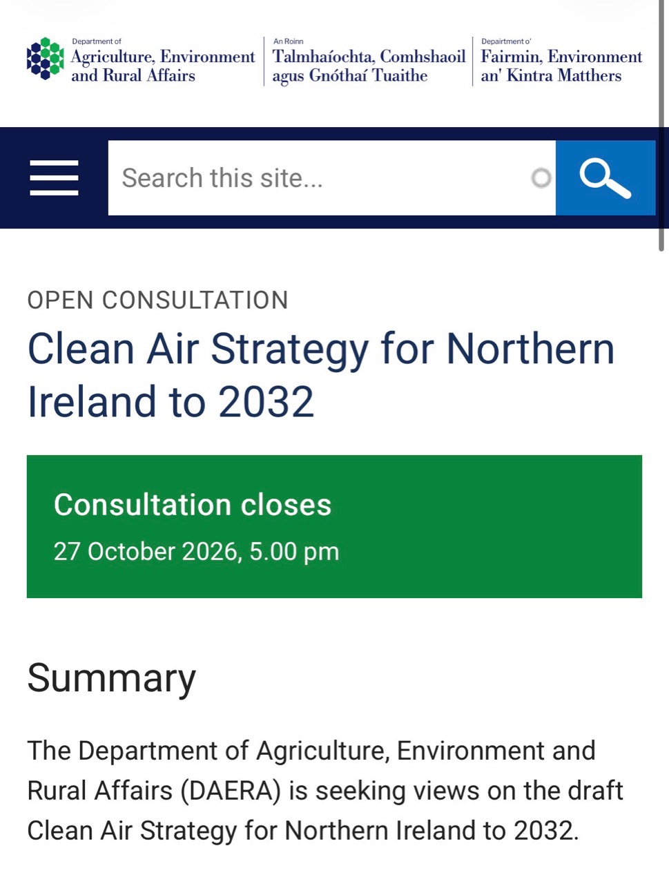 DAERA Clean Air Strategy for Northern Ireland to 2032 consultation page, closing 27 October 2026