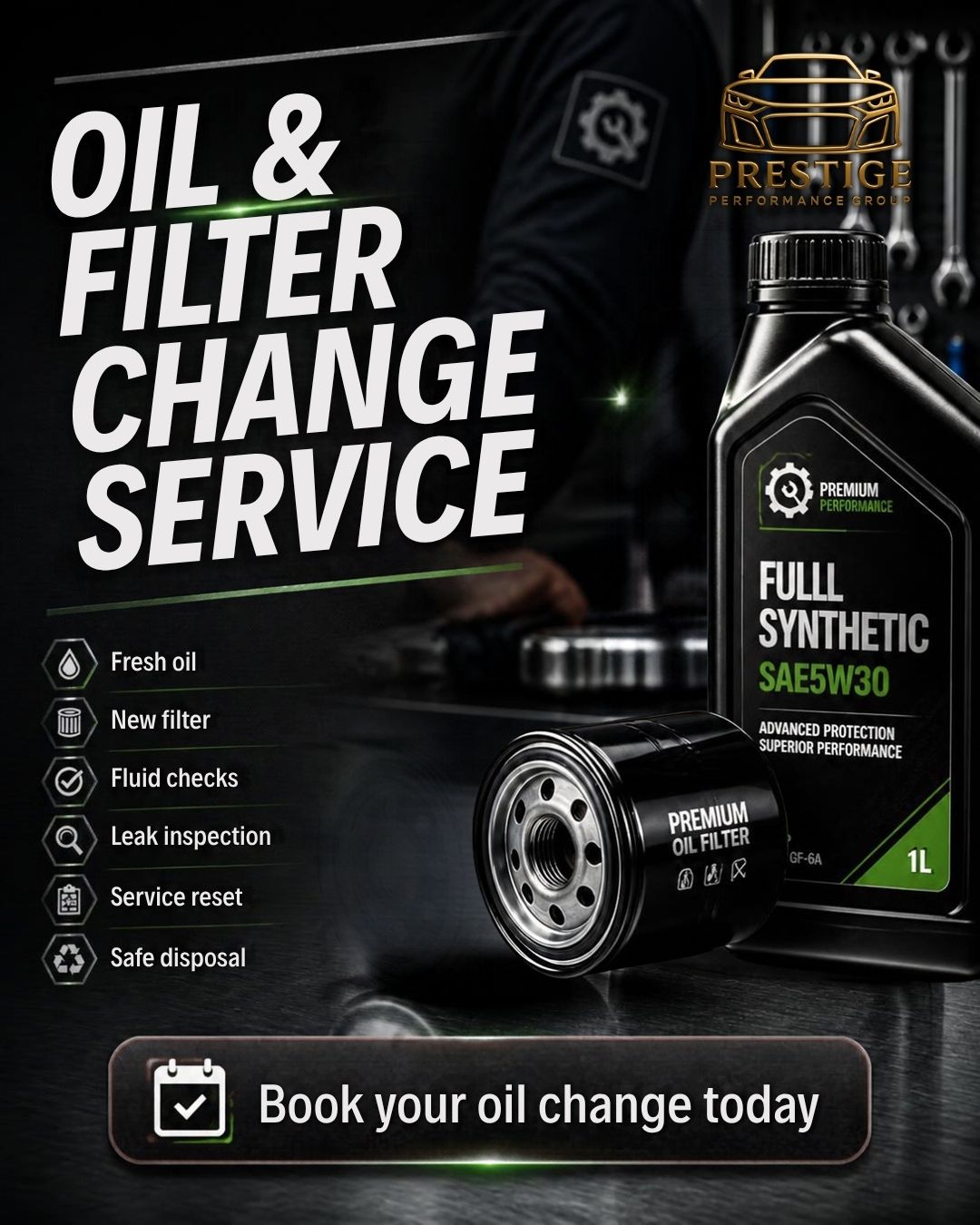 Oil and filter change service at Prestige Performance Group in Newtownards