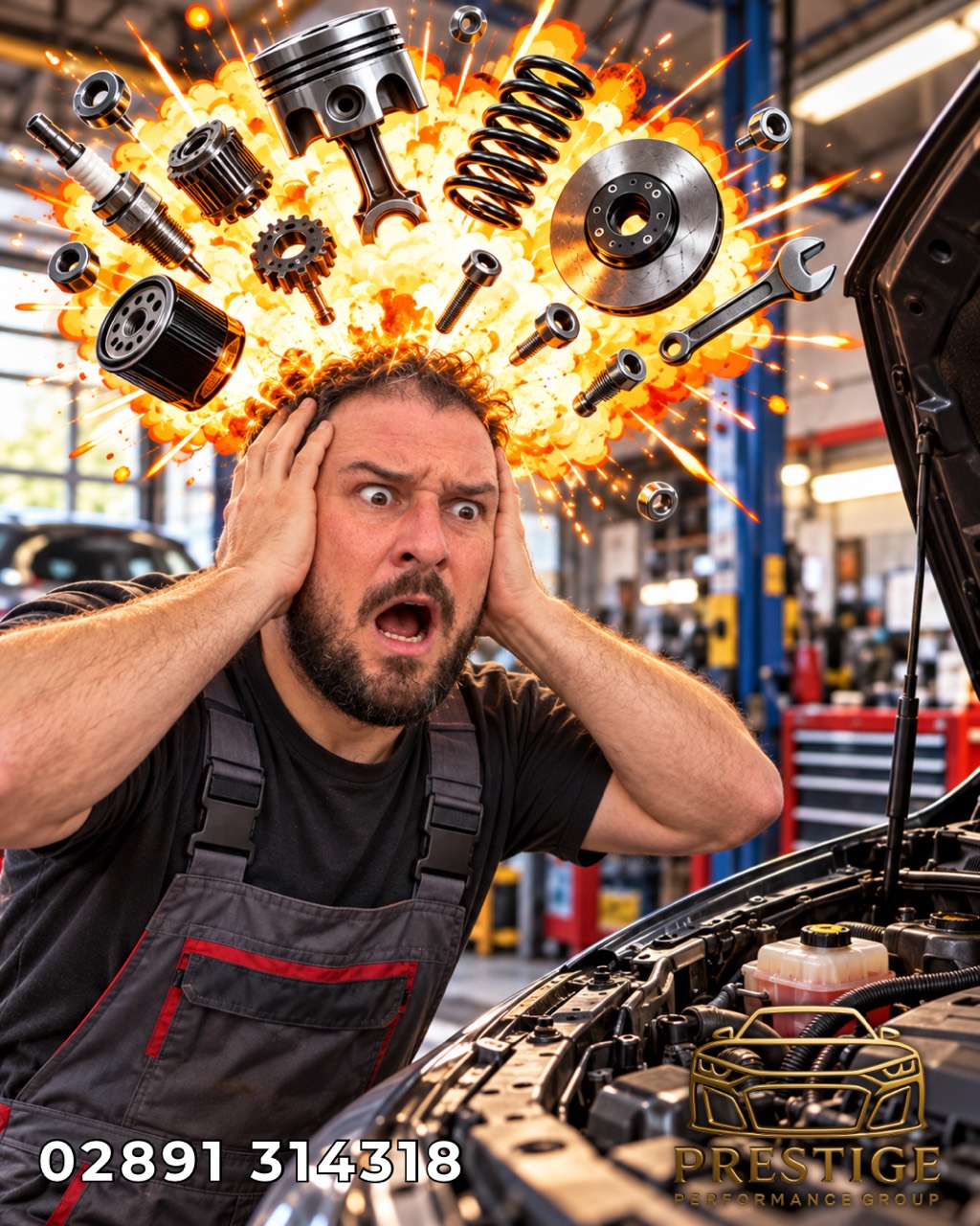Illustration of a mechanic considering costly car repairs, with vehicle parts above an open engine bay