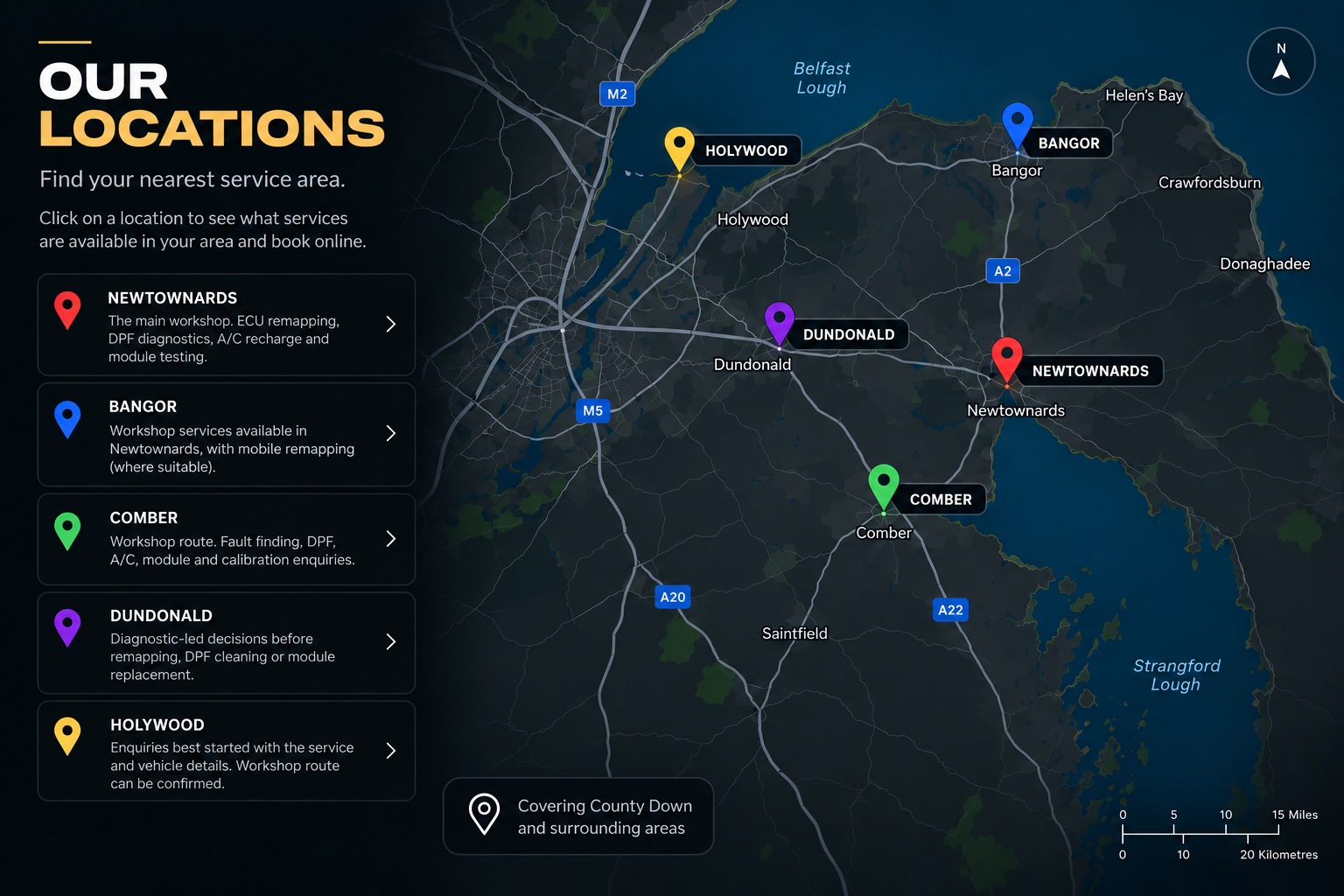 Prestige Performance Group service-area map covering Newtownards, Bangor, Comber, Dundonald and Holywood