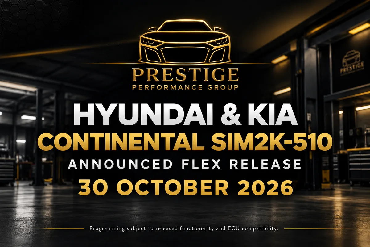 Prestige Performance Group Hyundai and Kia Continental SIM2K-510 announcement: scheduled FLEX release 30 October 2026, subject to ECU compatibility
